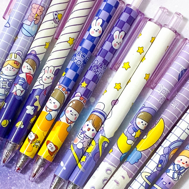pastel lilac blue purple yellow galaxy starry sky pen pens space theme themed spaceman astronaut stars planet spaceship rocket rabbit bunny bear cat click fineline gel black ink uk cute kawaii stationery planner supplies gift gifts