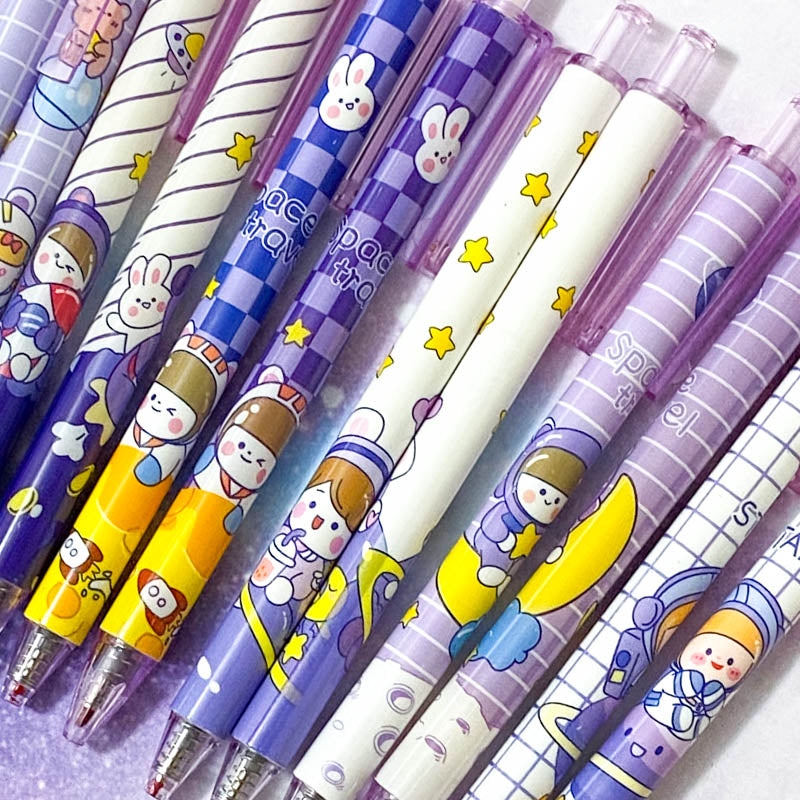 pastel lilac blue purple yellow galaxy starry sky pen pens space theme themed spaceman astronaut stars planet spaceship rocket rabbit bunny bear cat click fineline gel black ink uk cute kawaii stationery planner supplies gift gifts