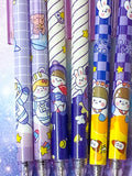 pastel lilac blue purple yellow galaxy starry sky pen pens space theme themed spaceman astronaut stars planet spaceship rocket rabbit bunny bear cat click fineline gel black ink uk cute kawaii stationery planner supplies gift gifts