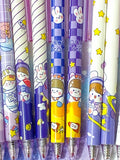 pastel lilac blue purple yellow galaxy starry sky pen pens space theme themed spaceman astronaut stars planet spaceship rocket rabbit bunny bear cat click fineline gel black ink uk cute kawaii stationery planner supplies gift gifts
