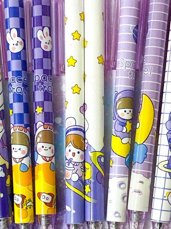 pastel lilac blue purple yellow galaxy starry sky pen pens space theme themed spaceman astronaut stars planet spaceship rocket rabbit bunny bear cat click fineline gel black ink uk cute kawaii stationery planner supplies gift gifts