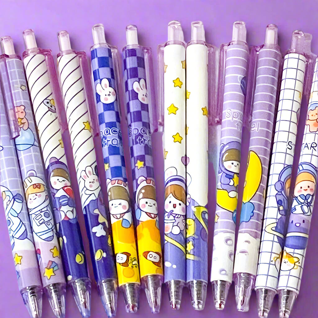 pastel lilac blue purple yellow galaxy starry sky pen pens space theme themed spaceman astronaut stars planet spaceship rocket rabbit bunny bear cat click fineline gel black ink uk cute kawaii stationery planner supplies gift gifts