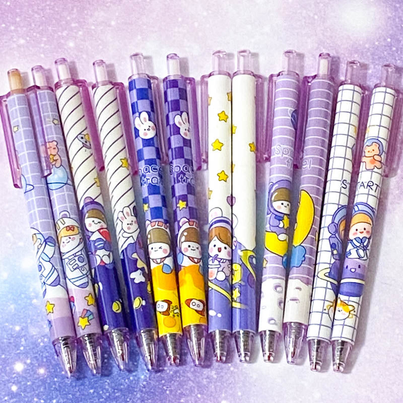 pastel lilac blue purple yellow galaxy starry sky pen pens space theme themed spaceman astronaut stars planet spaceship rocket rabbit bunny bear cat click fineline gel black ink uk cute kawaii stationery planner supplies gift gifts