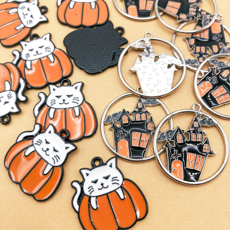 pumpkin cat orange and black haunted house silver tone black metal charm charms uk cute kawaii craft supplies enamel enamelled spooky halloween cats white cat black orange shop store korean