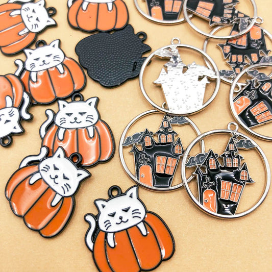 pumpkin cat orange and black haunted house silver tone black metal charm charms uk cute kawaii craft supplies enamel enamelled spooky halloween cats white cat black orange shop store korean