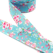 75% OFF Cherry Blossom Pink on Blue Floral 25mm Grosgrain Ribbon