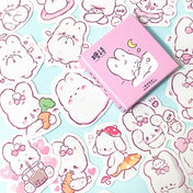 pink and white cute kawaii bunny rabbit mini sticker flakes box of 45 stickers flake bunnies rabbits spring stationery uk bow bows carrot mushroom heart hearts