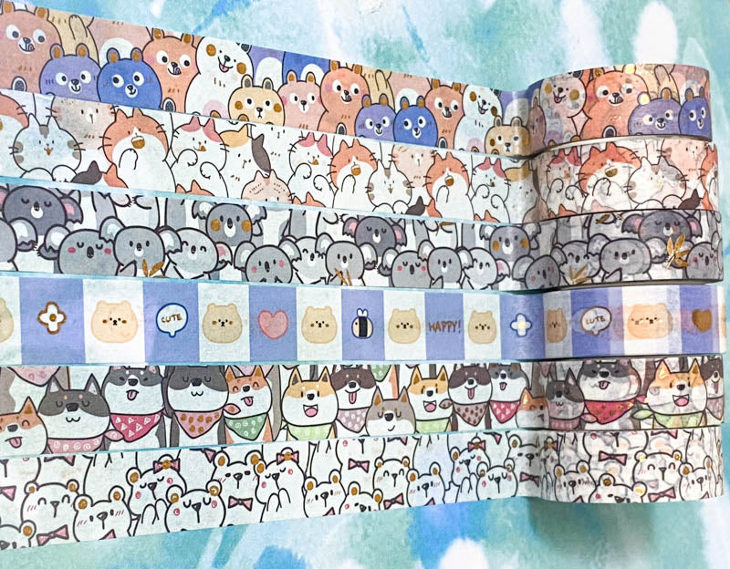 animal animals cute kawaii foil foiled washi tape tapes washis uk stationery planner supplies dog dogs cat cats koala koalas bear bears polar bee bees pretty blue lilac grey white foil foiled gold highlights 15mm wide 5m long