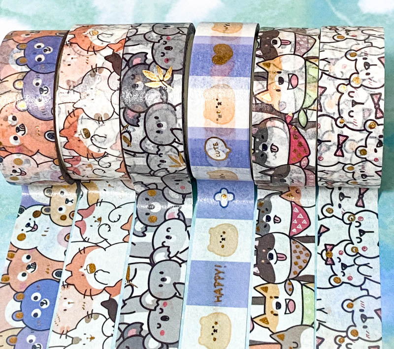 animal animals cute kawaii foil foiled washi tape tapes washis uk stationery planner supplies dog dogs cat cats koala koalas bear bears polar bee bees pretty blue lilac grey white foil foiled gold highlights 15mm wide 5m long
