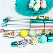 spring flower floral fairy fairies build your own bead beaded pen pens pretty do it yourself gift stationery uk cute kawaii turquoise teal yellow lemon pink mint pearlescent black ballpoint kit set silicone wood wooden topper