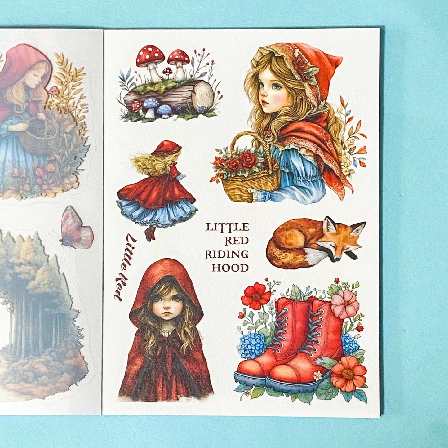 red riding vintage inspired sticker book with clear plastic and translucent washi style stickers