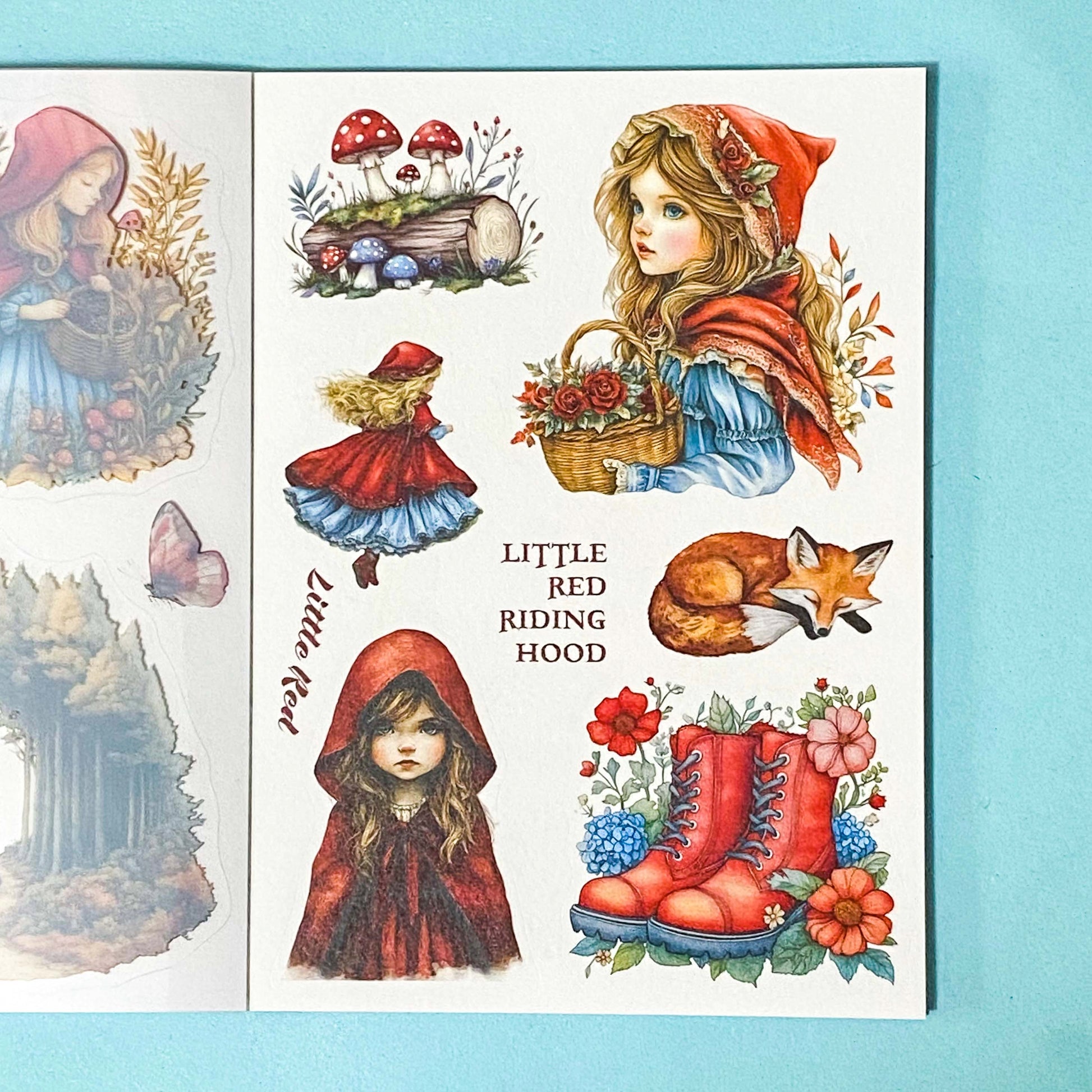 red riding vintage inspired sticker book with clear plastic and translucent washi style stickers