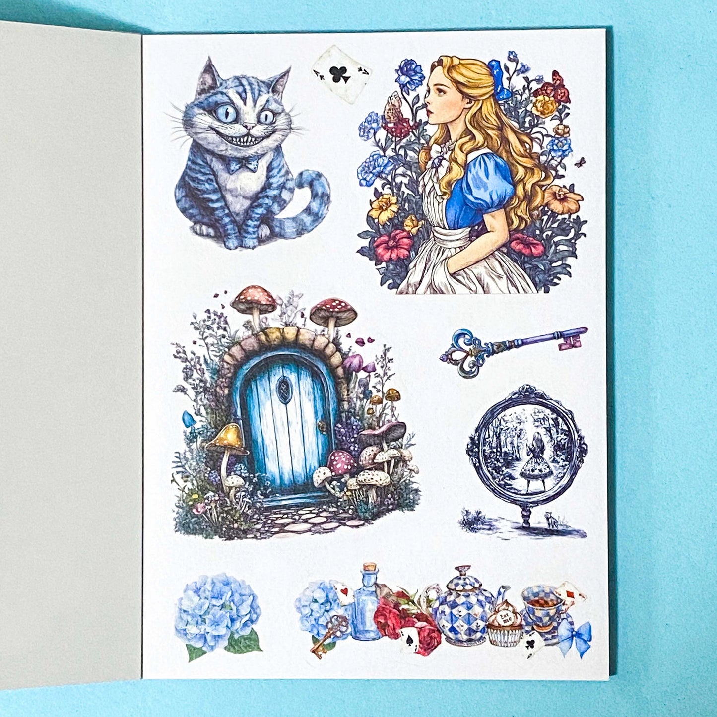 Collection of Alice in Wonderland-themed stickers on a white sheet with a blue border.