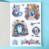 Collection of Alice in Wonderland-themed stickers on a white sheet with a blue border.