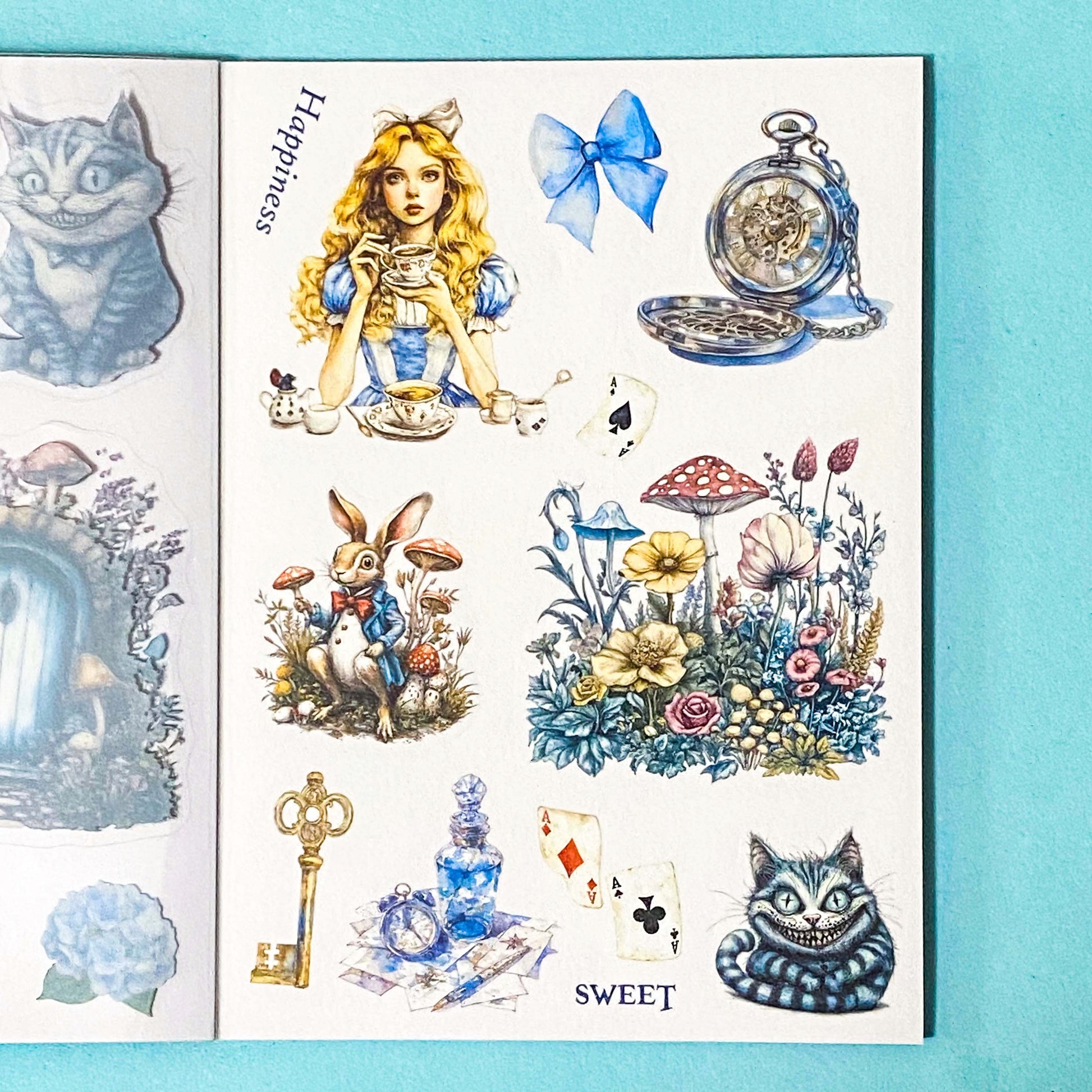 Sticker sheet with Alice in Wonderland-themed illustrations on a blue background
