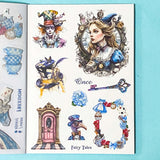 Collection of fairy tale-themed stickers on a book page with a blue background.