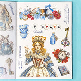 Illustrated stickers with a queen character, keys, flowers, and other elements on a blue background.