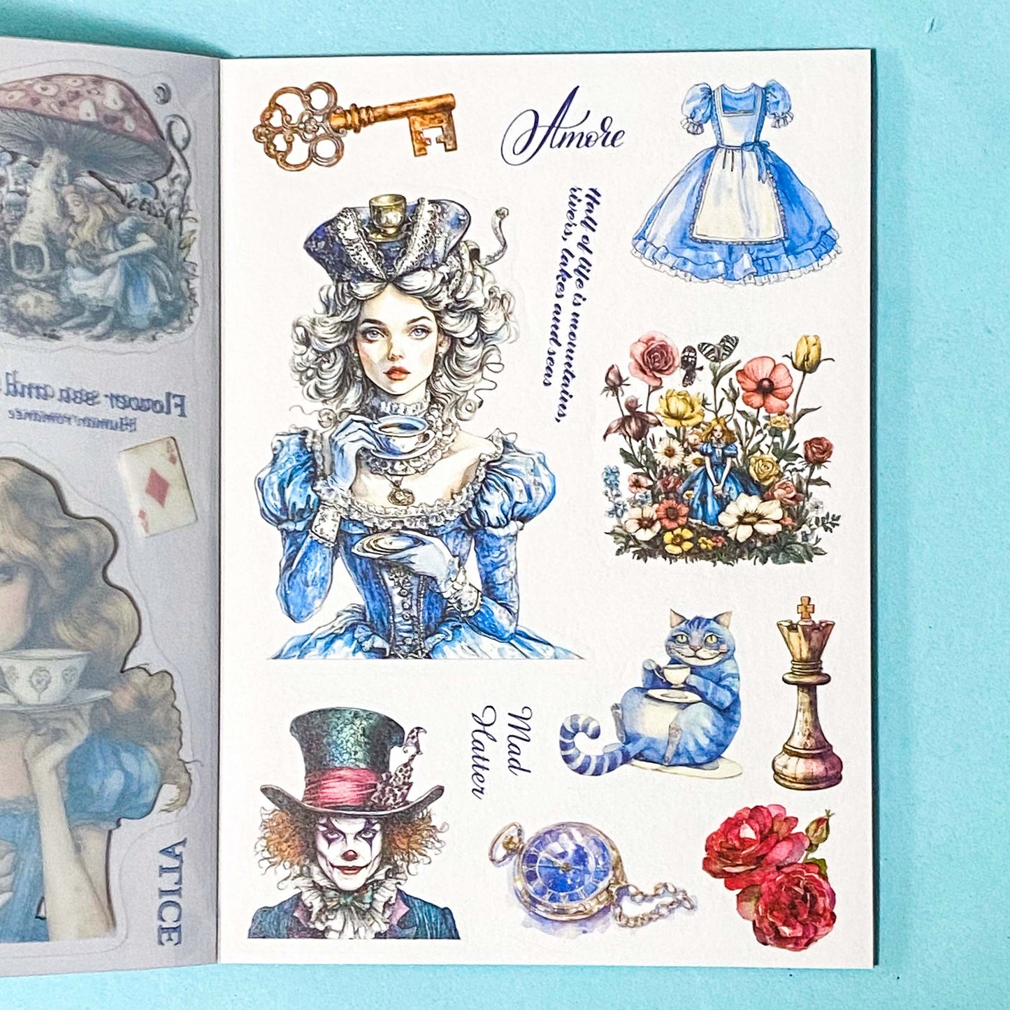 Sheet of stickers with vintage-style alice in wonderland illustrations on a blue background