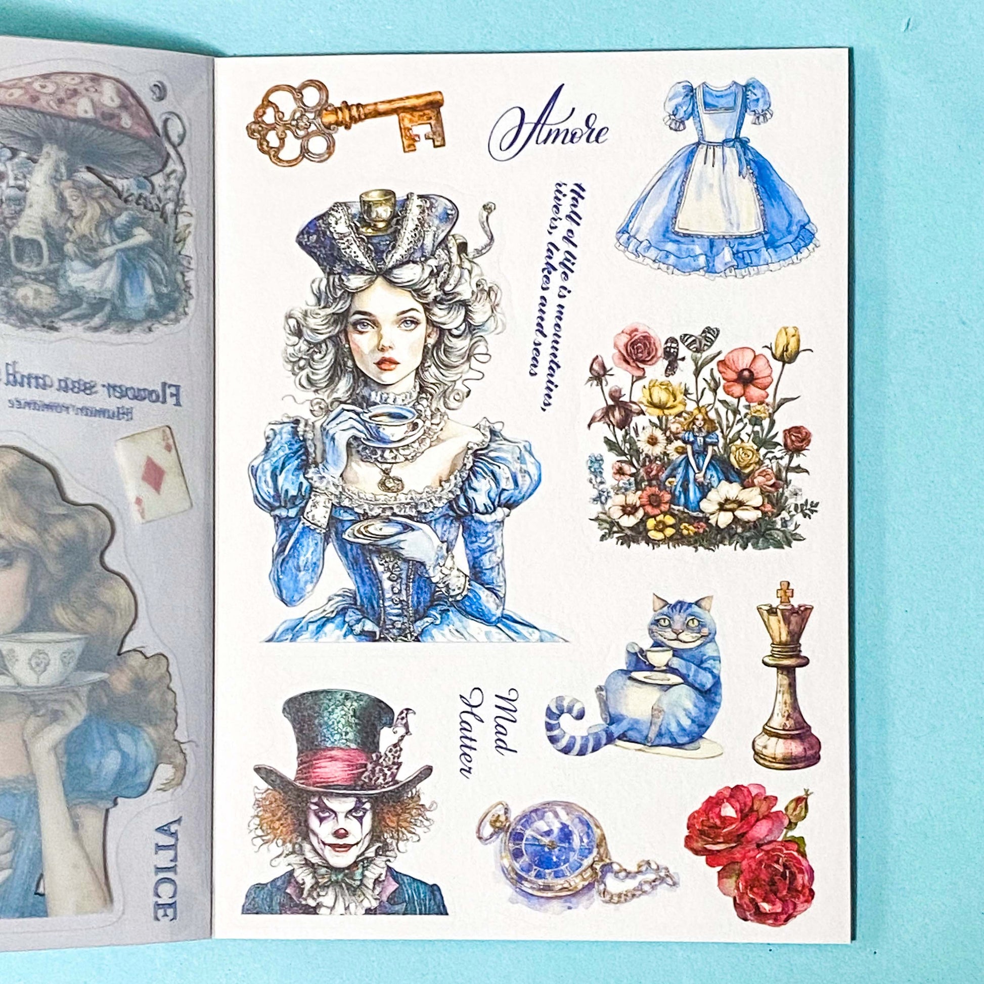 Sheet of stickers with vintage-style alice in wonderland illustrations on a blue background