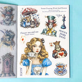 Illustrated book or album with characters and scenes from 'Alice's Fairy Tales' on a blue background.