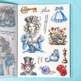 Sheet of stickers with vintage-style alice in wonderland illustrations on a blue background