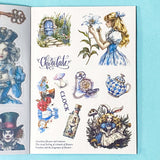 Collection of illustrated alice in wonderland stickers  on a blue background