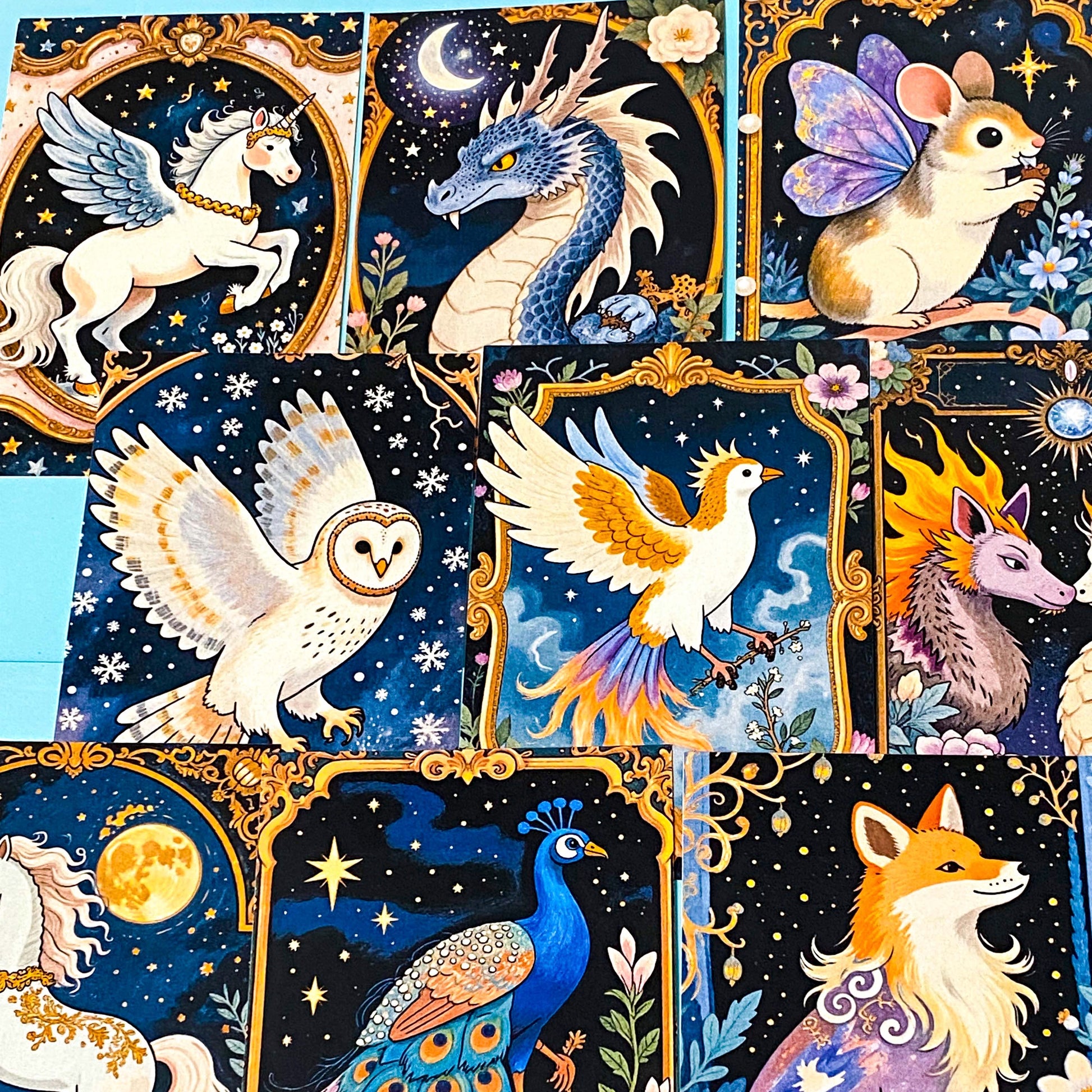 Collage of various mythical creatures postcards or art cards with a starry night sky background