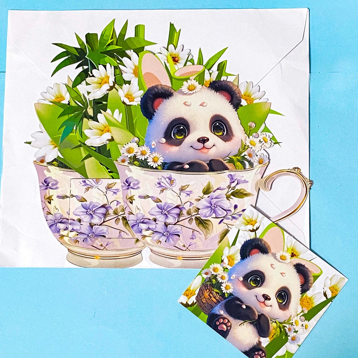 KAWAII PANDA IN FLORAL TEACUP Keepsake 3D Pop-Up Botanical Greeting Card
