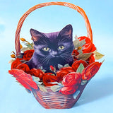 3d pop up card of a Cat sitting inside a basket of red roses on a blue background