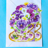 pop up 3d greeting Card with a teacup and floral design on a blue background