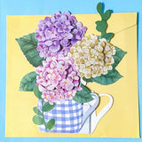 3d pop up floral card with hydrangeas in a blue gingham jug on a blue background