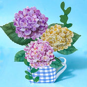 pop up 3D greeting card of hydrangeas in a decorative blue gingham jug on a blue background