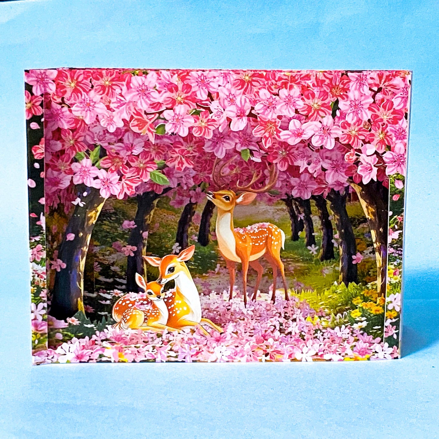 card 3d pop up of deer in the cherry blossoms