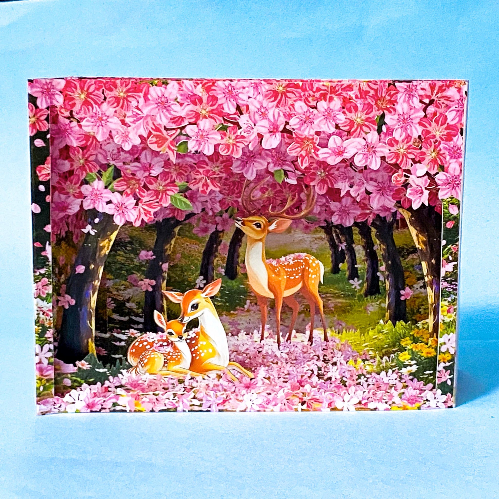 card 3d pop up of deer in the cherry blossoms