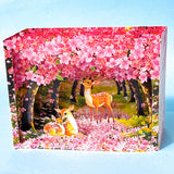 3d pop up greeting card with a woodland scene, deer and cherry blossom