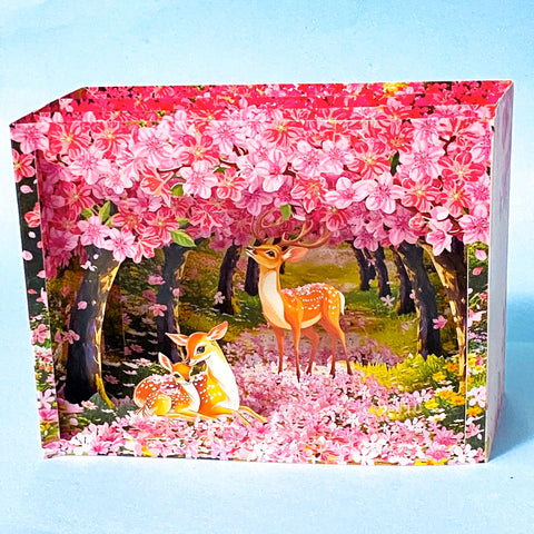 3d pop up greeting card with a woodland scene, deer and cherry blossom