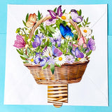 3d greeting Card with a wicker basket filled with flowers and butterflies on a white background