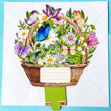 Greeting card with a wicker basket of flowers, butterflies, and a blank card on a white background.