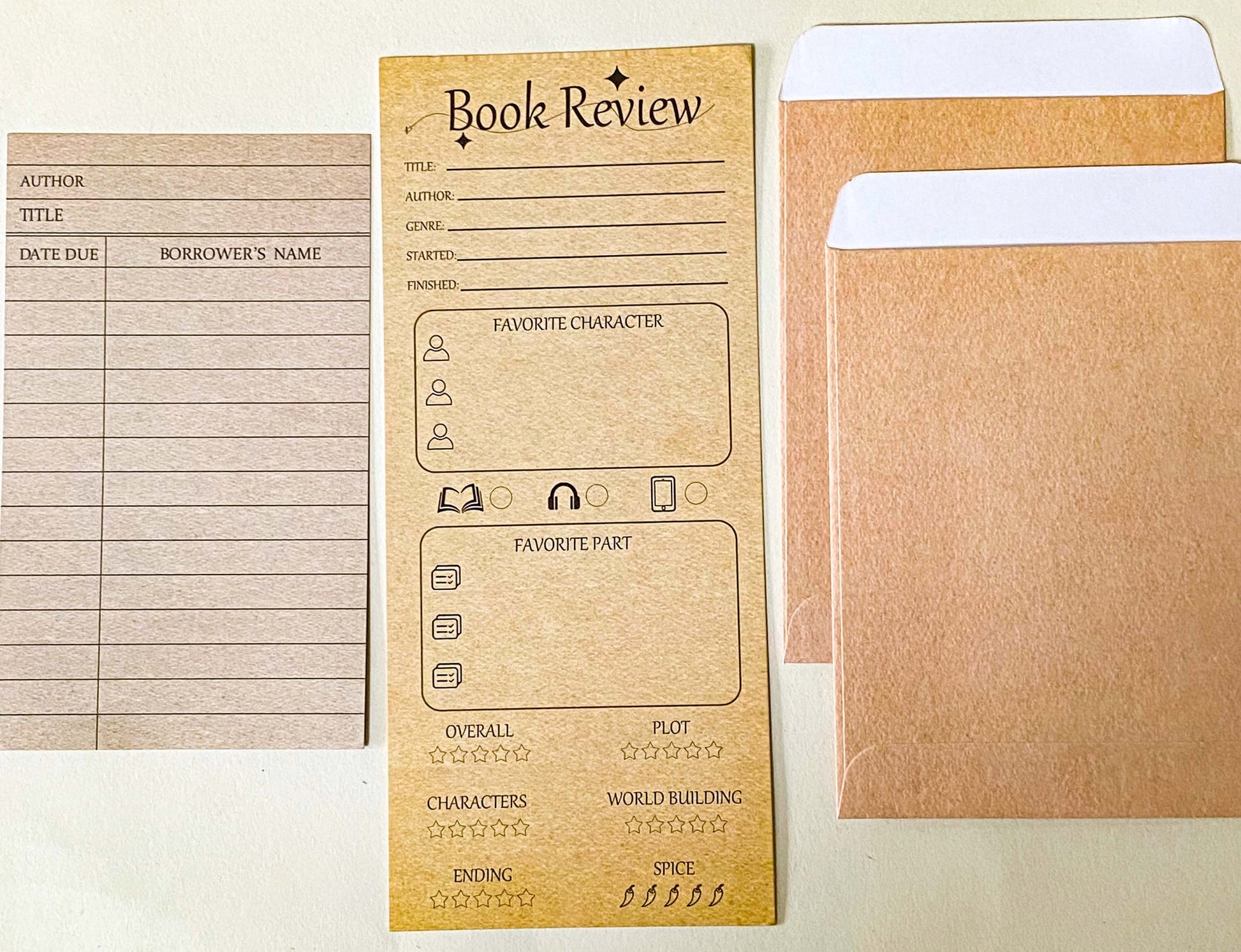  kraft book review card, book borrowing card and kraft envelopes for a vintage library journaling kit