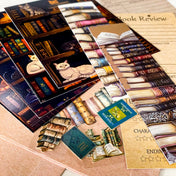 vintage book lover stationery set with cat library postcards, bookmarks, kraft book review card and book themed stickers arranged on kraft envelopes