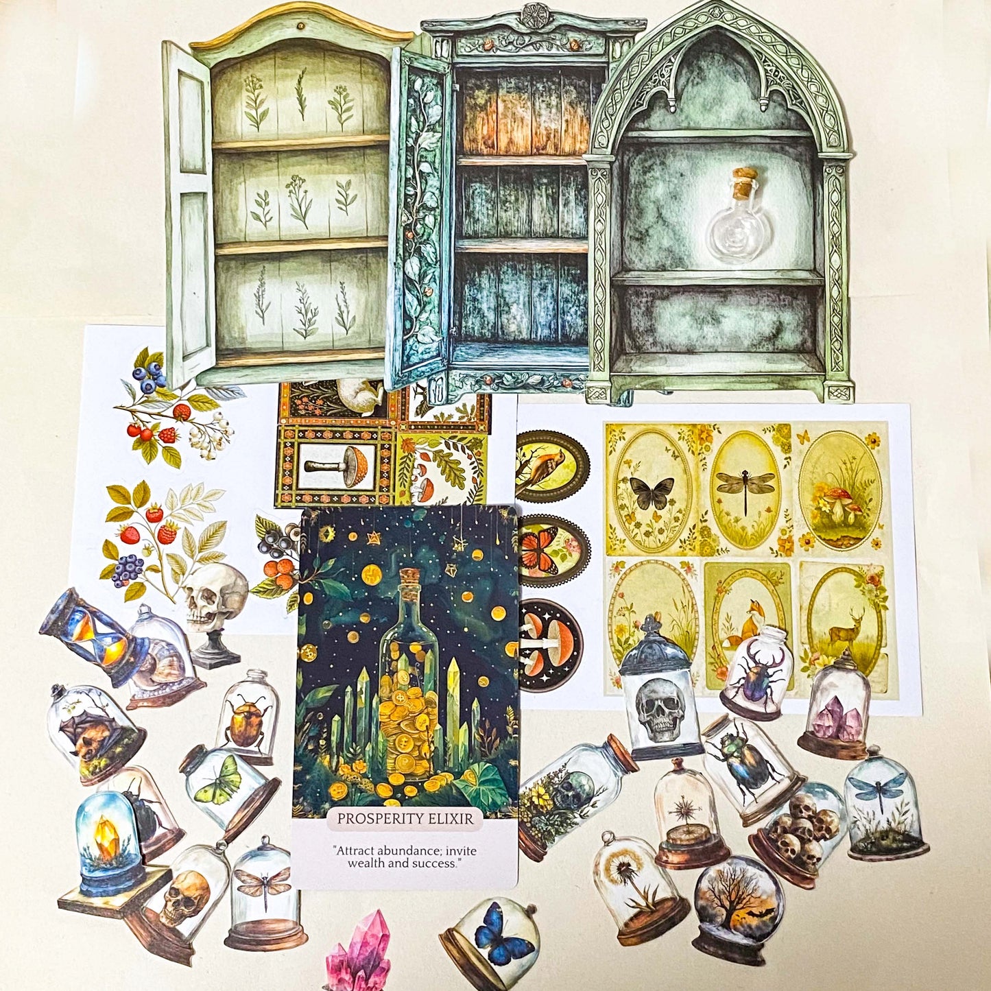 apothecary cabinet stationery set with stickers, die cuts, oracle card and botanical illustrations