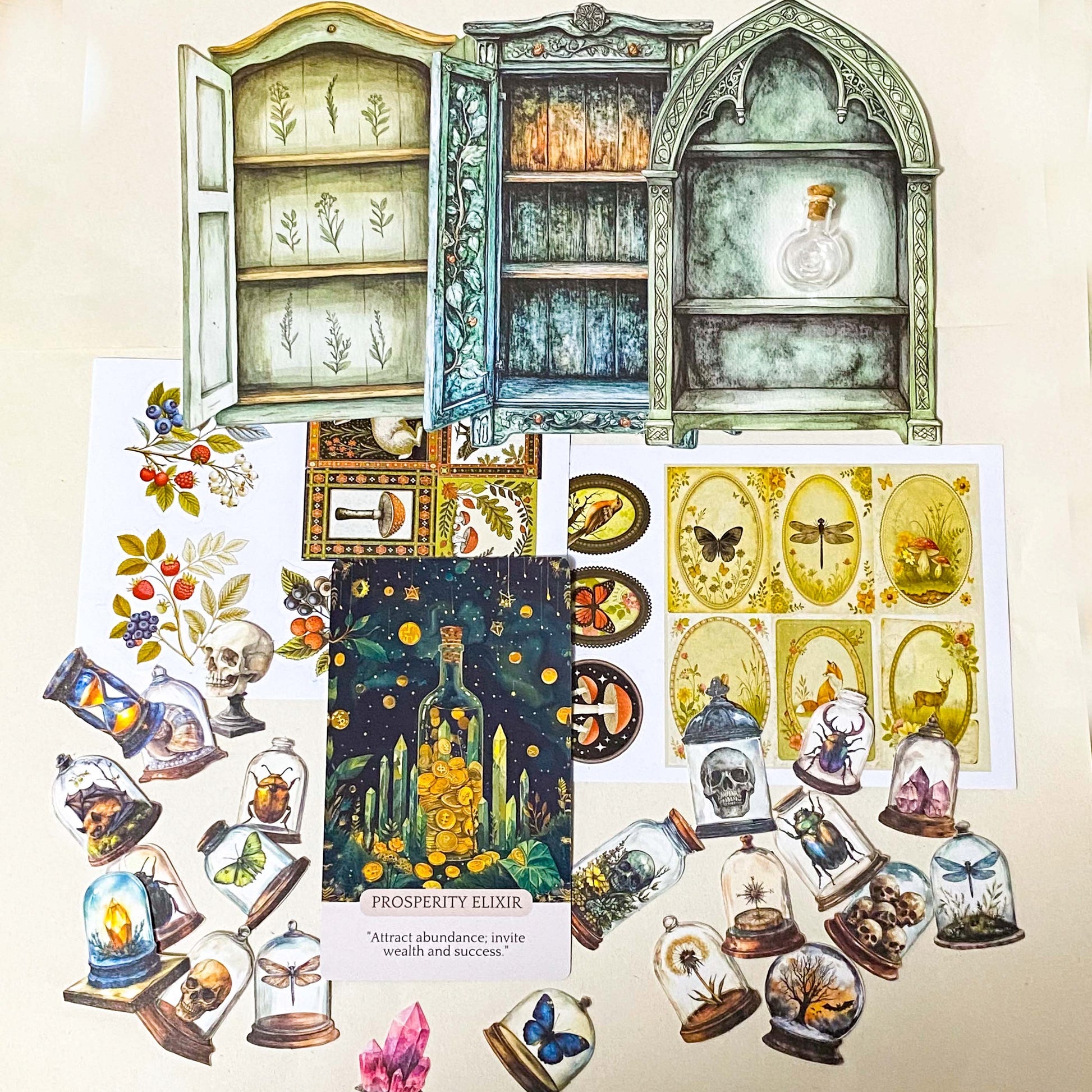 apothecary cabinet stationery set with stickers, die cuts, oracle card and botanical illustrations