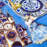 large blue alice in wonderland laser holo holographic plastic stickers featuring white rabbit, alice, clocks, teacups and fantasy illustrations