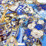 large blue alice in wonderland laser holo holographic plastic stickers featuring white rabbit, alice, clocks, teacups and fantasy illustrations