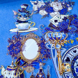 large blue alice in wonderland laser holo holographic plastic stickers featuring white rabbit, alice, clocks, teacups and fantasy illustrations