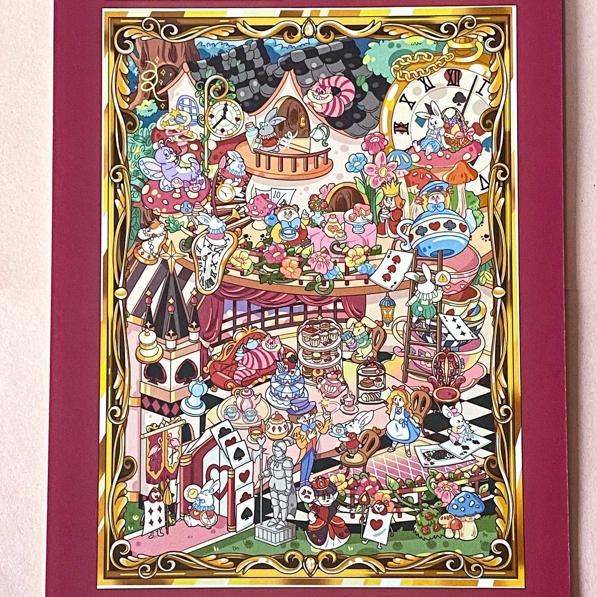 alice in wonderland sticker scene set with background card sheet and clear decorative stickers including teacup, playing cards and fantasy objects. activity creative set
