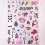 alice in wonderland sticker scene set with background card sheet and clear decorative stickers including teacup, playing cards and fantasy objects. activity creative set