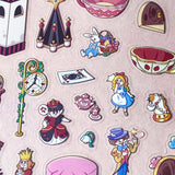 alice in wonderland sticker scene set with background card sheet and clear decorative stickers including teacup, playing cards and fantasy objects. activity creative set