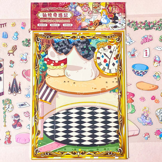 alice in wonderland sticker scene set with background card sheet and clear decorative stickers including teacup, playing cards and fantasy objects. activity creative set