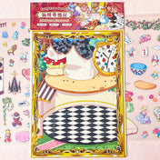 alice in wonderland sticker scene set with background card sheet and clear decorative stickers including teacup, playing cards and fantasy objects. activity creative set